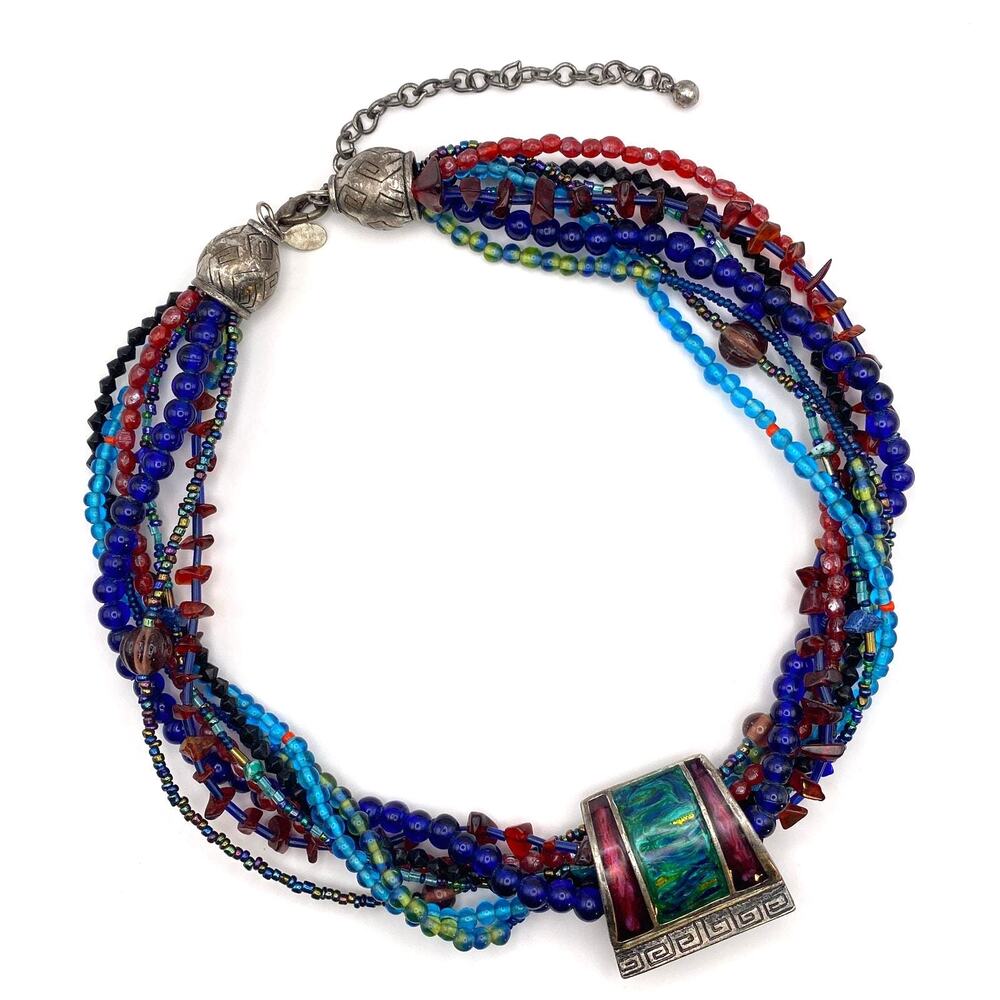 CHICO'S Ethnic Boho Multi Stranded Pendant Enamel Glass Blue Necklace SilverTone